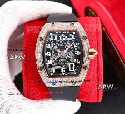 Richard Mille Extra Flat RM67-01 Rose Gold Iced Out Diamond Replica Automatic Watch 